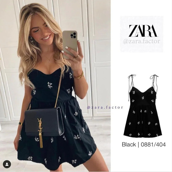 Zara V-Neck Embroidered Floral Poplin Dress Black White NWT Size Medium - Picture 2 of 8